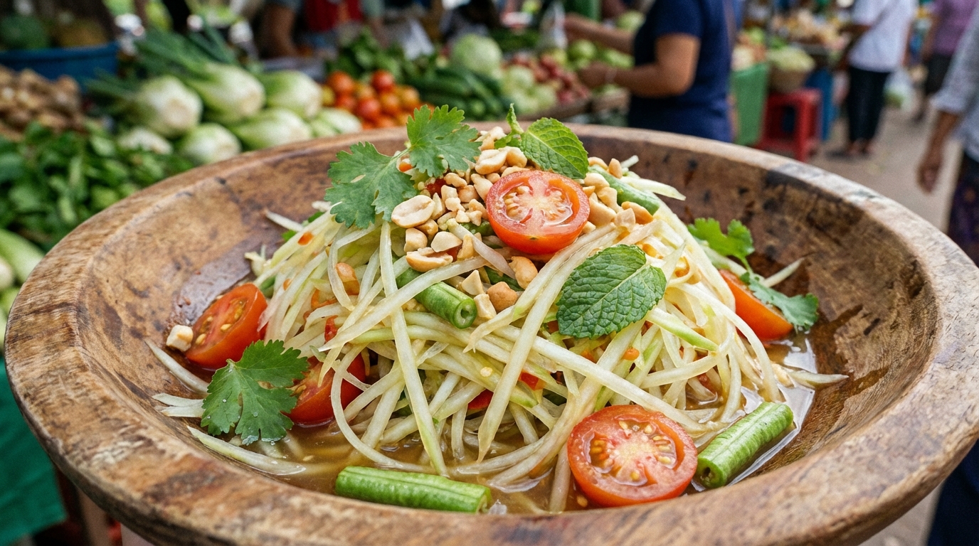 savourez la salade légère de papaye verte laotienne, une explosion de fraîcheur exotique et de saveurs authentiques pour vos repas.