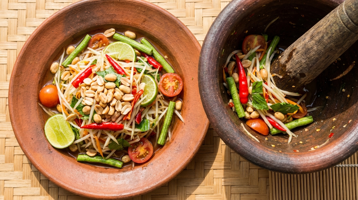 savourez la salade légère de papaye verte laotienne, une explosion fraîche et exotique de saveurs authentiques pour une expérience culinaire unique.