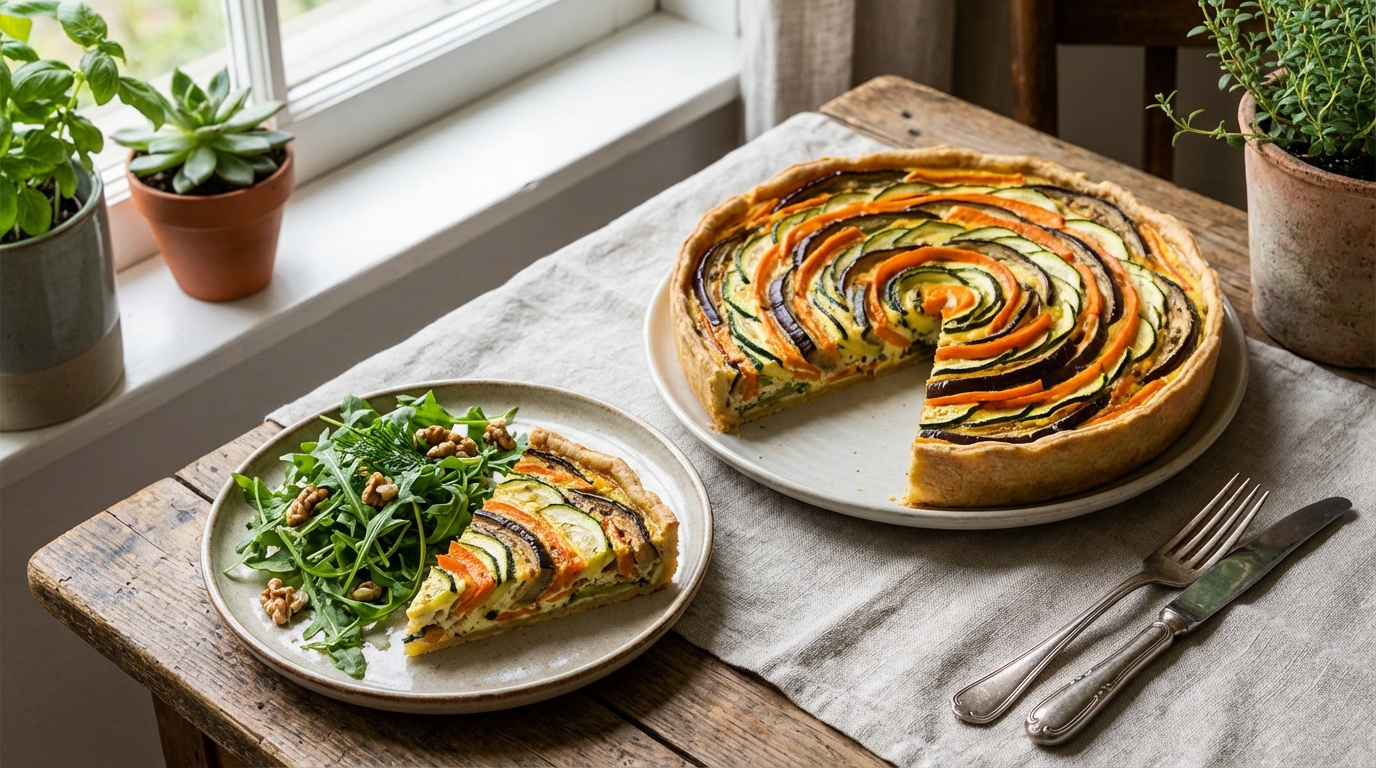découvrez notre recette de quiche légère en spirales, 100% végétarienne et pleine de saveurs, idéale pour un repas sain et gourmand.