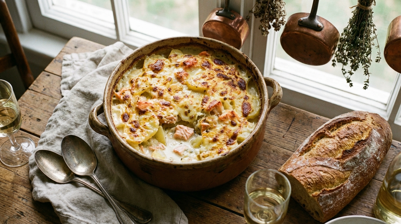 savourez un délicieux gratin de pommes de terre et poisson en cocotte, une recette simple et gourmande pour un repas réconfortant.