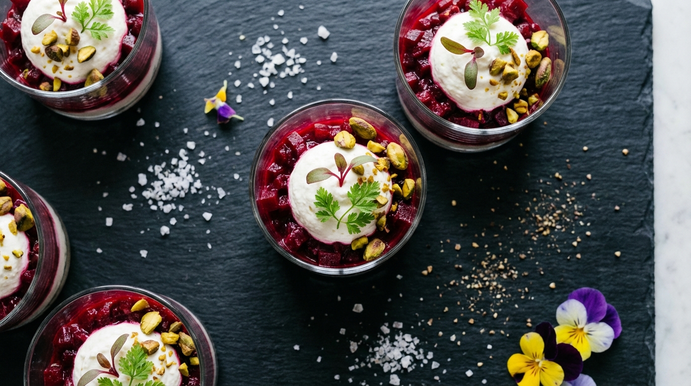 découvrez notre recette raffinée de délice en verrine alliant la douceur de la betterave au crémeux du fromage frais, pour une entrée savoureuse et élégante.