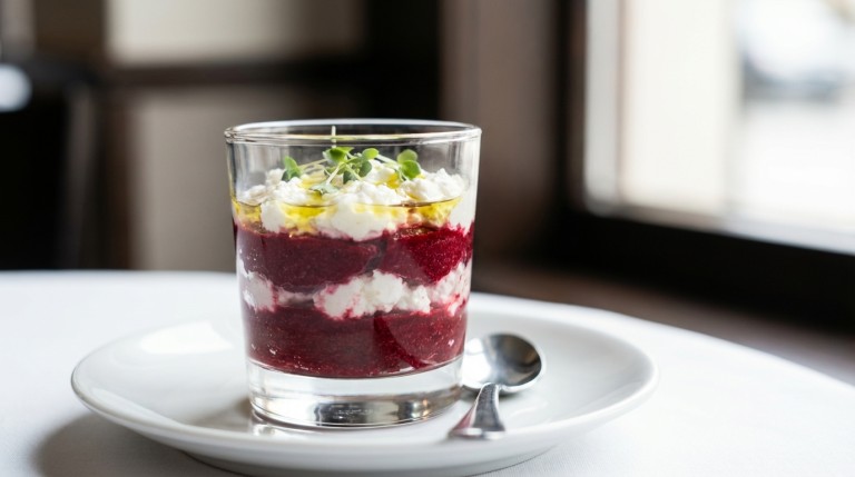 découvrez une recette savoureuse et raffinée de délice en verrine alliant la douceur de la betterave au crémeux du fromage frais, parfaite pour une entrée élégante.