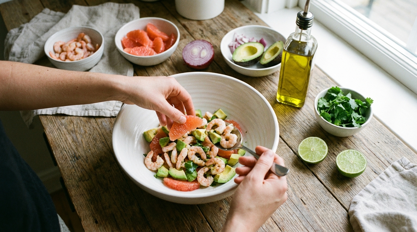 découvrez une recette gourmande et rafraîchissante alliant crevettes fraîches, pamplemousse juteux et fromage au saumon, parfaite pour un délice estival savoureux.