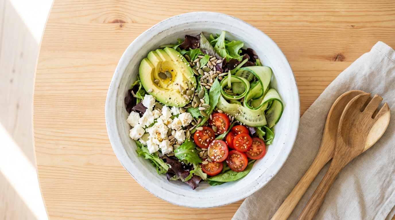 savourez une salade gourmande au goût frais avec avocat crémeux et fromage de brebis, parfaite pour un repas léger et délicieux.