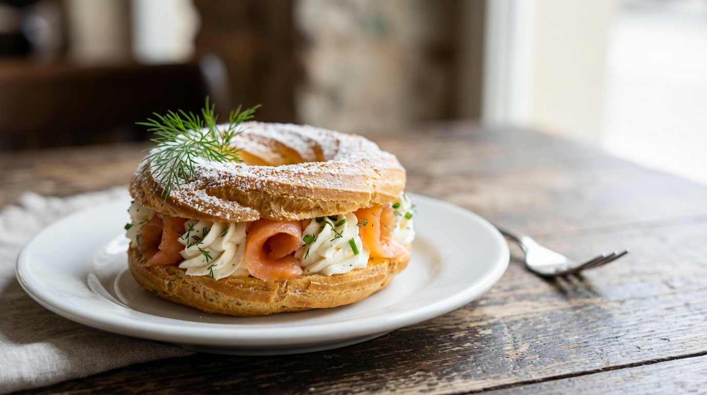 découvrez un paris-brest revisité alliant la douceur du saumon fumé et la fraîcheur du fromage frais pour une explosion de saveurs gourmandes.