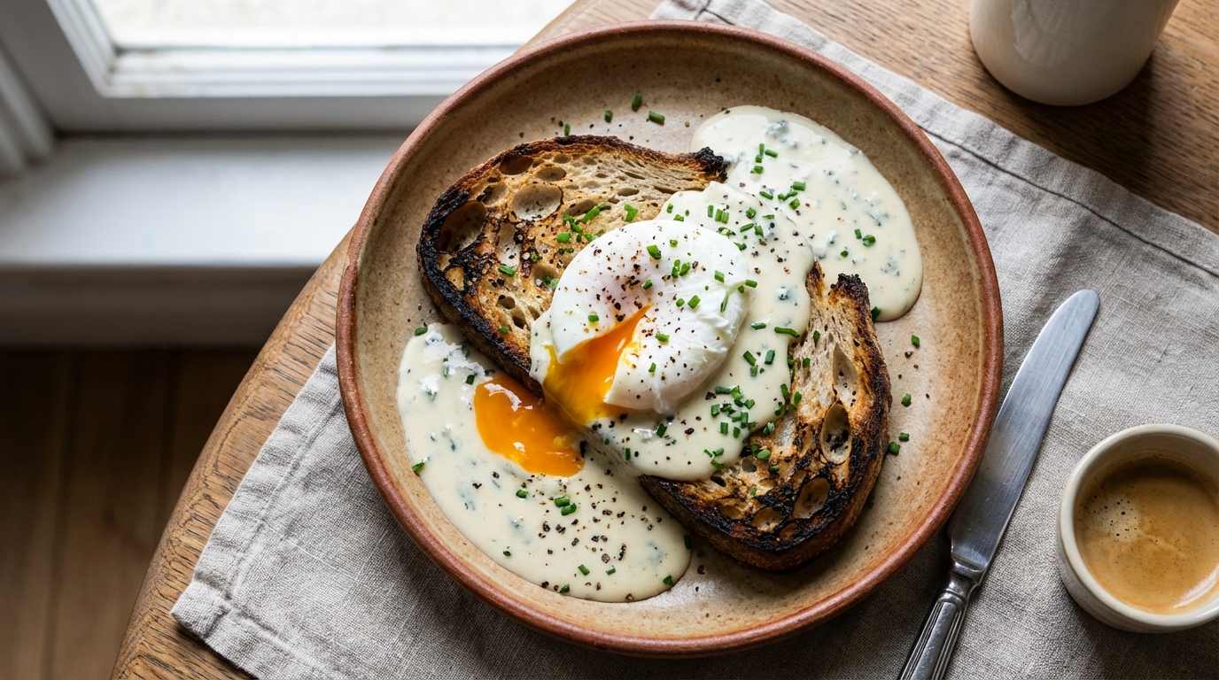 savourez un délice gourmand avec un œuf poché délicatement posé sur un pain toasté croustillant, nappé d'une onctueuse crème au bleu pour une expérience savoureuse et raffinée.