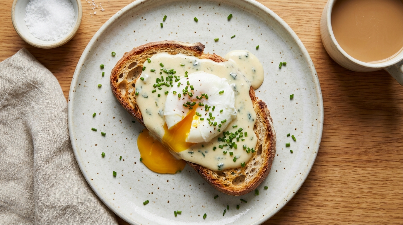 savourez un délice gourmand avec un œuf poché délicatement posé sur un pain toasté, nappé d'une onctueuse crème au bleu pour une explosion de saveurs raffinées.
