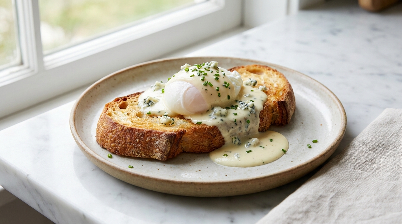 savourez un délice gourmand avec un œuf poché parfait sur un pain toasté croustillant, nappé d'une onctueuse crème au bleu pour une explosion de saveurs raffinées.