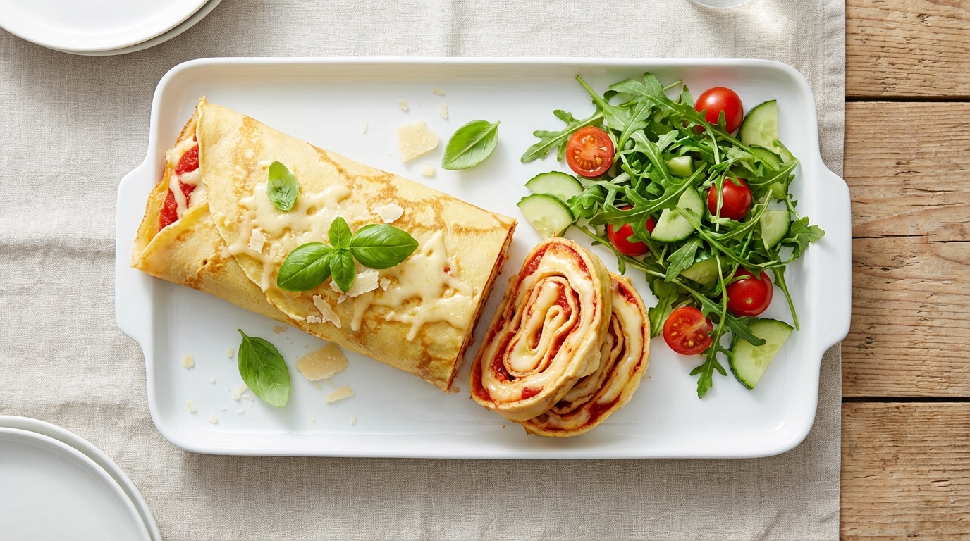 découvrez notre recette simple et gourmande de gâteau roulé à la crêpe, garni de tomates fraîches et de fromage fondant, pour un délice léger et savoureux.