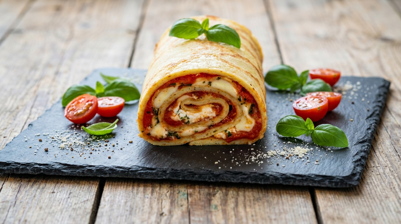 découvrez notre recette simple et gourmande de gâteau roulé à la crêpe, garni de tomates fraîches et de fromage fondant. un délice léger parfait pour vos repas !