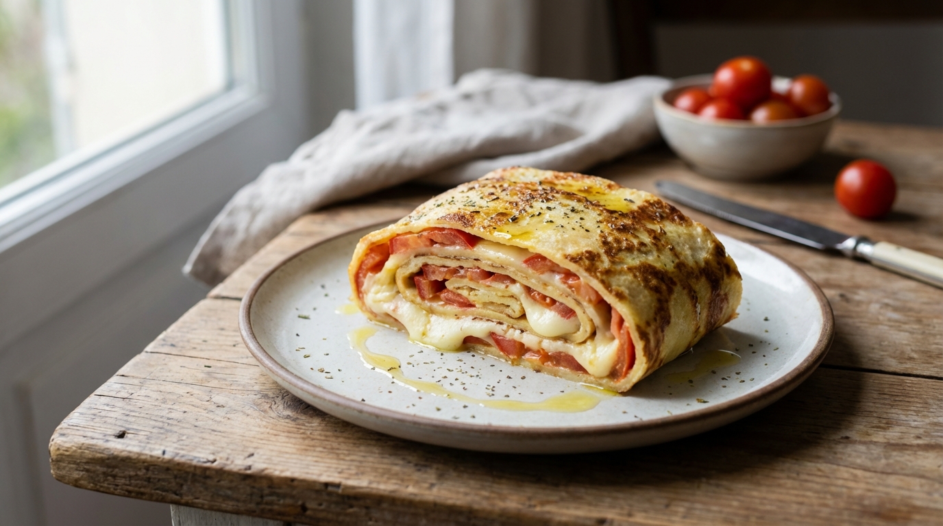 découvrez notre recette simple et gourmande de gâteau roulé à la crêpe, garni de tomates fraîches et de fromage fondant, pour un délice léger et savoureux.
