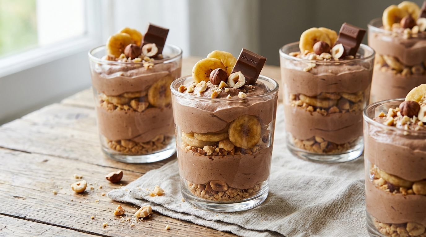 découvrez notre délice onctueux : une crème légère au kinder, agrémentée de bananes fraîches et d'éclats de noisettes croquants, pour un dessert gourmand et équilibré.