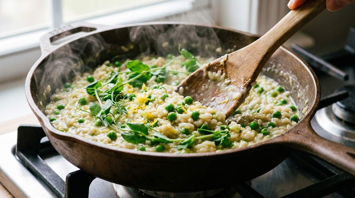 savourez un délice printanier avec ce risotto léger aux petits pois frais et saumon fumé délicat, une recette raffinée idéale pour une cuisine saine et gourmande.