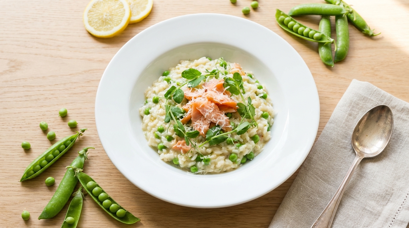 découvrez notre risotto léger printanier aux petits pois frais et saumon fumé délicat, une recette savoureuse et raffinée parfaite pour égayer vos repas de saison.