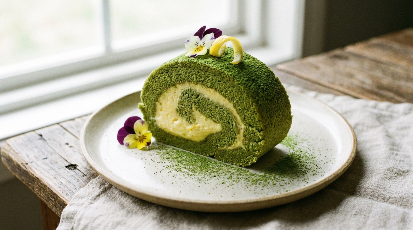 savourez notre délicieuse roulée au thé matcha, accompagnée d'une crème légère au citron pour une expérience gourmande et rafraîchissante.