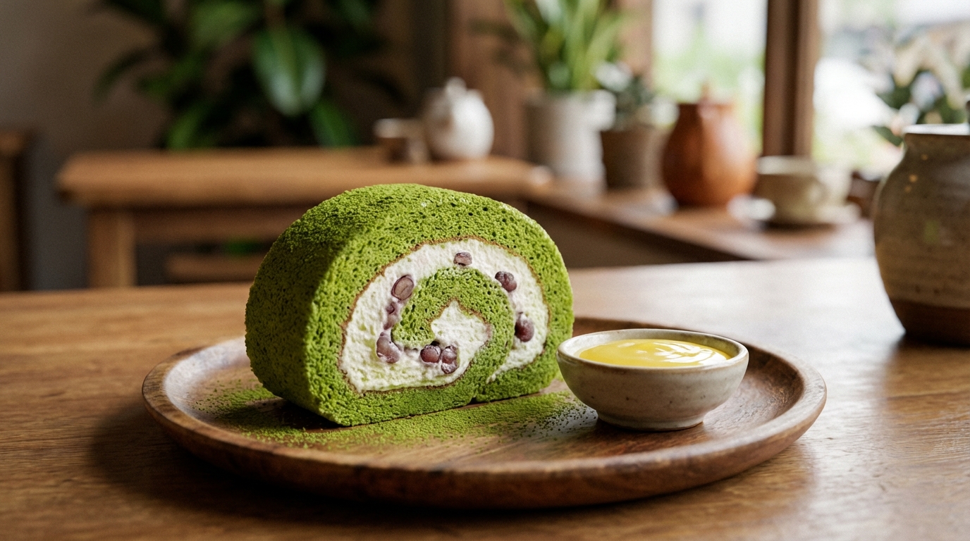 savourez un délice roulé au thé matcha, délicatement parfumé et accompagné d'une crème légère au citron pour une expérience gourmande et rafraîchissante.