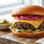 découvrez notre délice végétarien : un burger gourmand avec fromage fondant et oignons marinés savoureux, une explosion de saveurs pour tous les amateurs de cuisine végétarienne.
