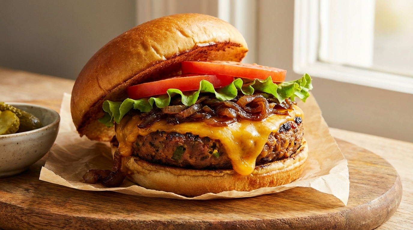 découvrez notre burger végétarien gourmand, alliant fromage fondant et oignons marinés savoureux pour un délice plein de saveurs et de fraîcheur.