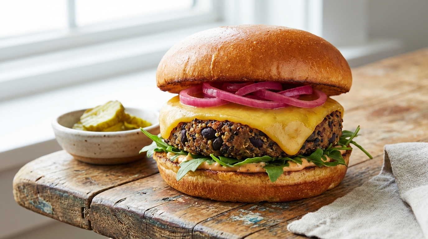 découvrez notre délice végétarien : un burger gourmand avec fromage fondant et oignons marinés savoureux, une explosion de saveurs pour tous les amateurs de cuisine végétarienne.