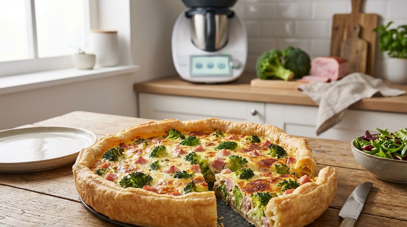 découvrez une délicieuse quiche légère au brocoli et jambon, facile à préparer avec votre thermomix pour un repas savoureux et équilibré.