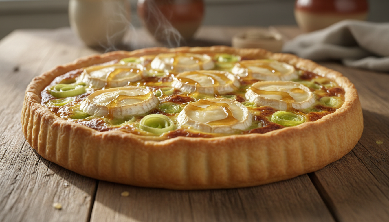 découvrez la tarte poireaux, chèvre et miel, délicieusement fondante et sans œufs, une recette savoureuse qui ravira toutes les papilles.