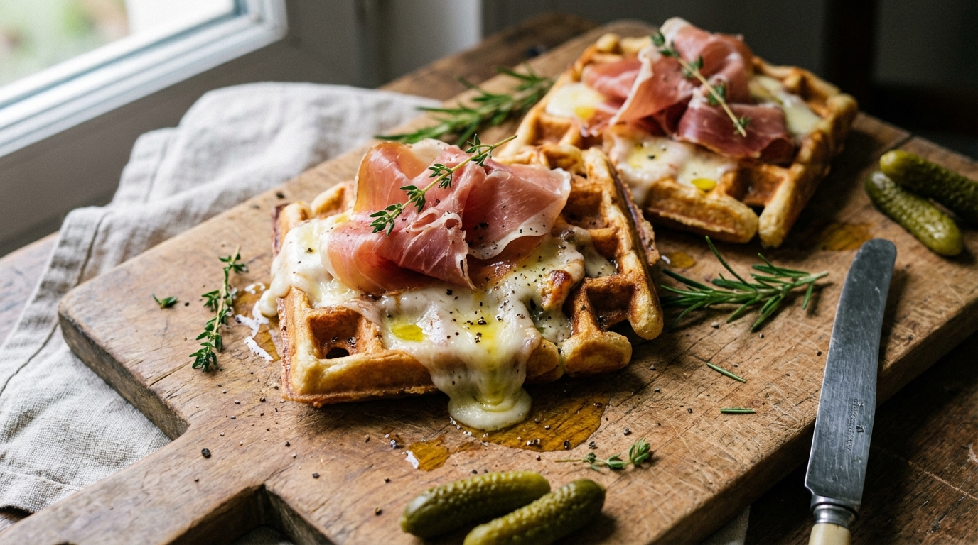 découvrez nos délicieuses gaufres salées, garnies de jambon cru savoureux et de mozzarella fondante, parfaites pour un repas gourmand et original.