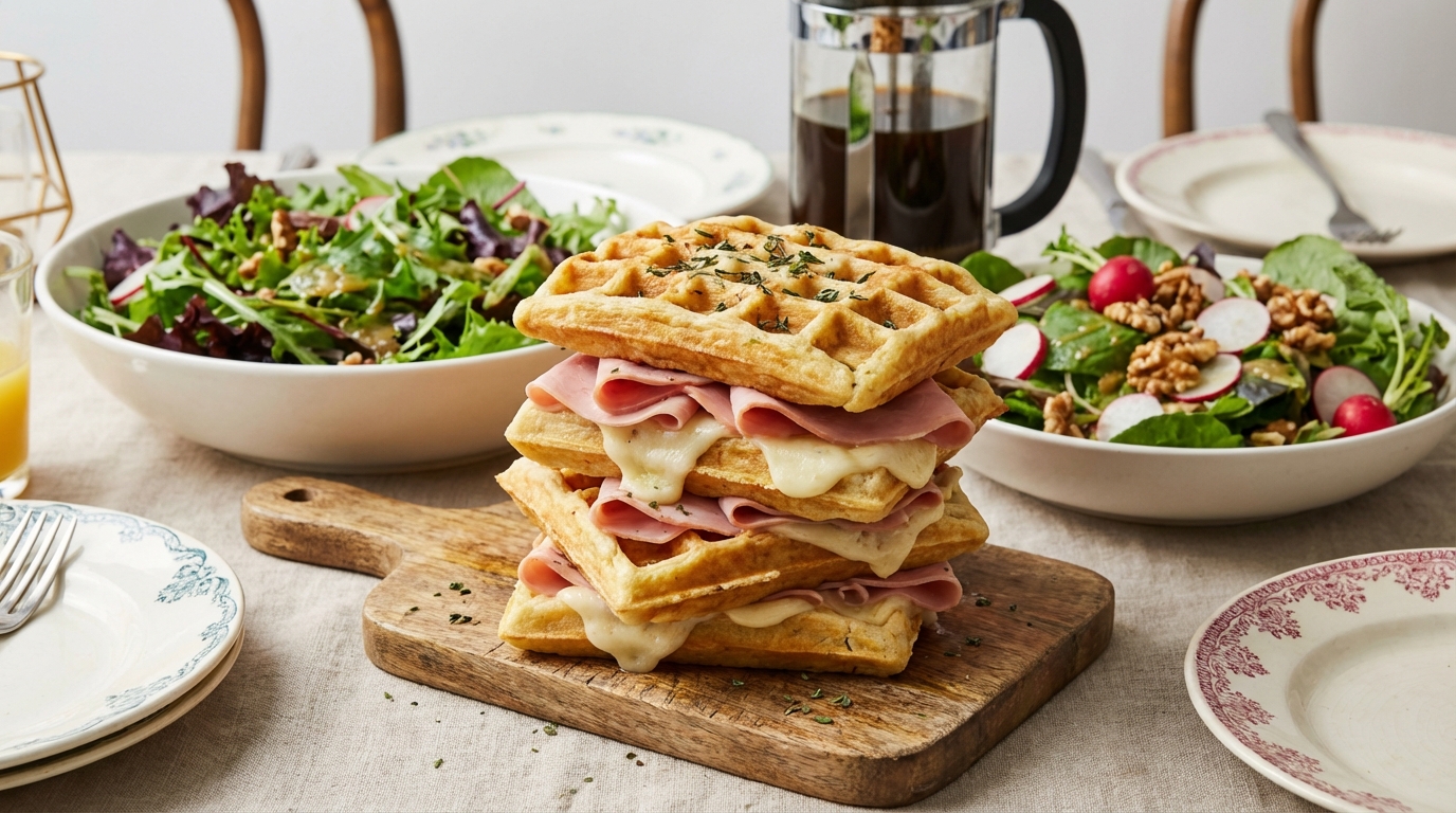 savourez nos délicieuses gaufres salées garnies de jambon cru et mozzarella fondante, parfaites pour un repas gourmand et original.
