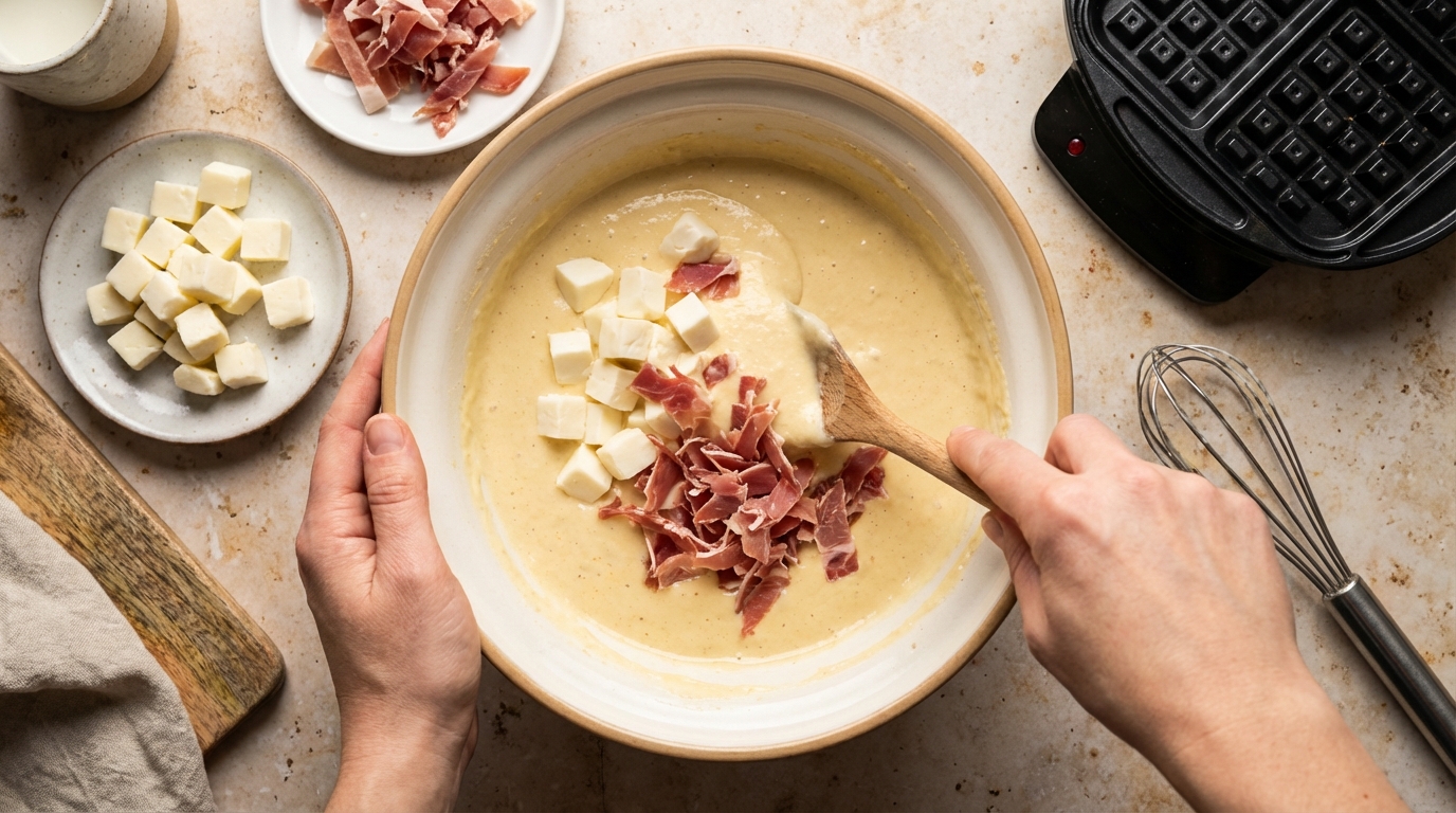 découvrez nos délicieuses gaufres salées, garnies de jambon cru et de mozzarella fondante pour un repas savoureux et gourmand.