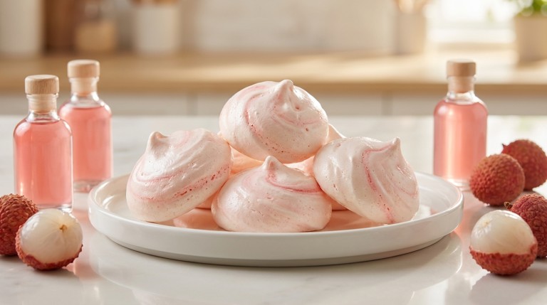 découvrez nos délicieuses meringues aériennes, délicatement parfumées au sirop de litchi, pour une douceur légère et fruitée qui ravira vos papilles.