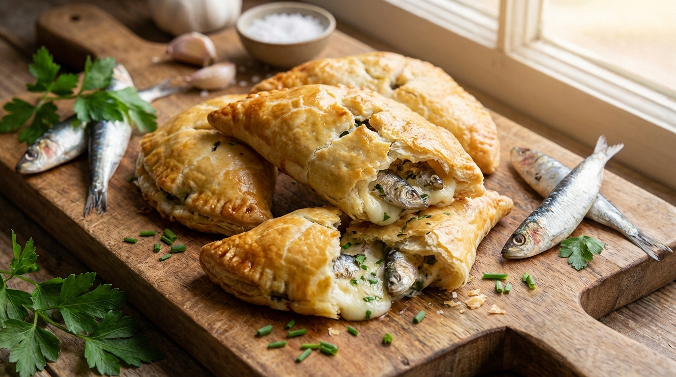 découvrez notre recette savoureuse de chaussons de sardines au fromage frais, ail et fines herbes, parfaits pour un apéritif gourmand ou un repas léger.