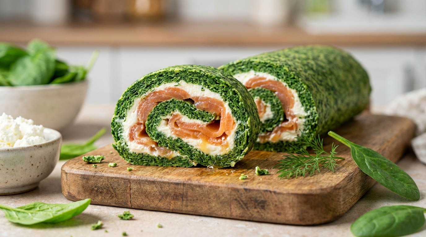 découvrez la recette parfaite d'un délicieux roulé d’épinards garnis de saumon fumé et de fromage frais, facile à préparer et idéal pour vos apéritifs ou repas légers.