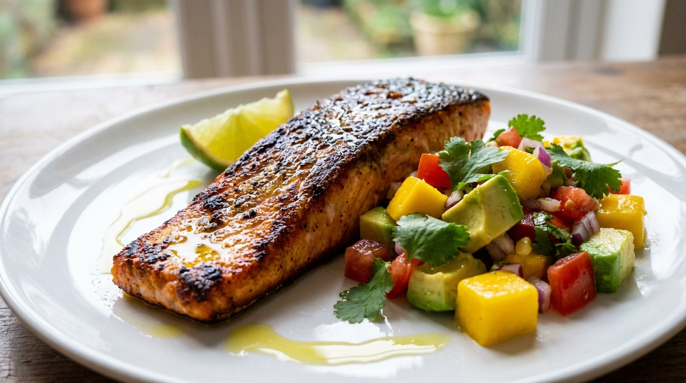 savourez un délicieux saumon grillé parfaitement tendre, accompagné d'une fraîche salsa mangue-avocat qui apporte douceur et fraîcheur à chaque bouchée.