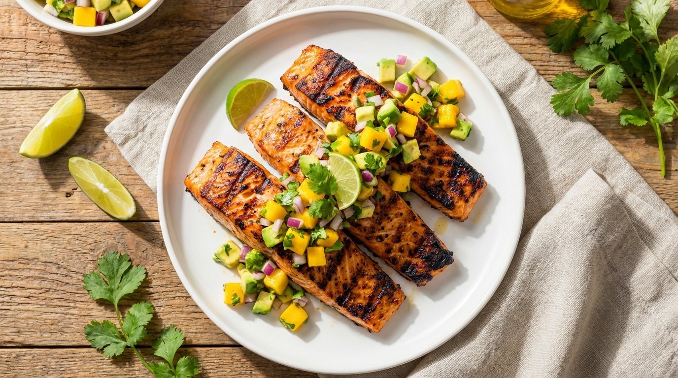 savourez un délicieux saumon grillé accompagné d'une fraîche salsa mangue-avocat, une explosion de saveurs fruitées et gourmandes pour un repas sain et coloré.