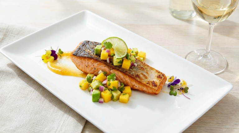 savourez un délicieux saumon grillé servi avec une salsa fraîche et fruitée à la mangue et à l'avocat, parfaite pour un repas sain et gourmand.