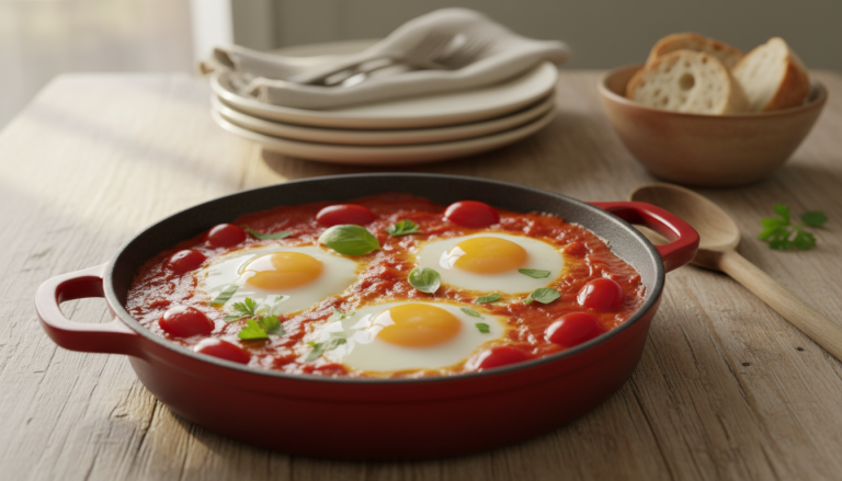 en mars, découvrez une recette simple et savoureuse d’œufs à la tomate au four, qui transforme trois ingrédients du placard en un dîner réconfortant et délicieux.