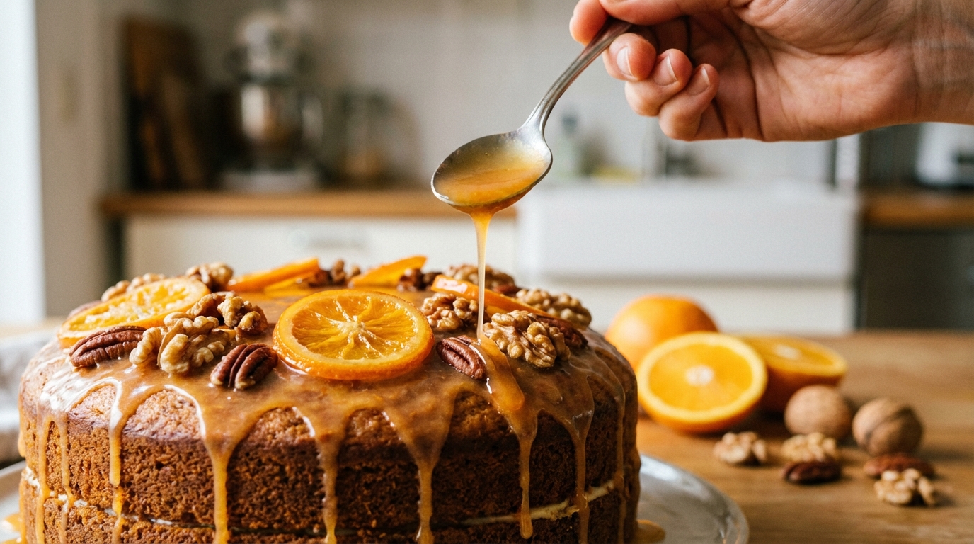 découvrez notre gâteau moelleux à la carotte et à l'orange, agrémenté d'un glaçage légèrement fondant pour une douceur parfaite à chaque bouchée.