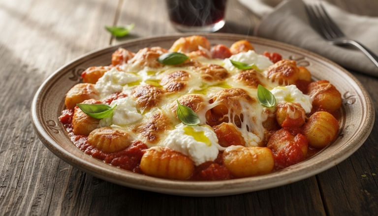 savourez un dîner italien authentique avec nos gnocchis gratinés à la tomate chaude, accompagnés d'une ricotta onctueuse et d'une mozzarella fondante pour un plaisir gourmand inégalé.