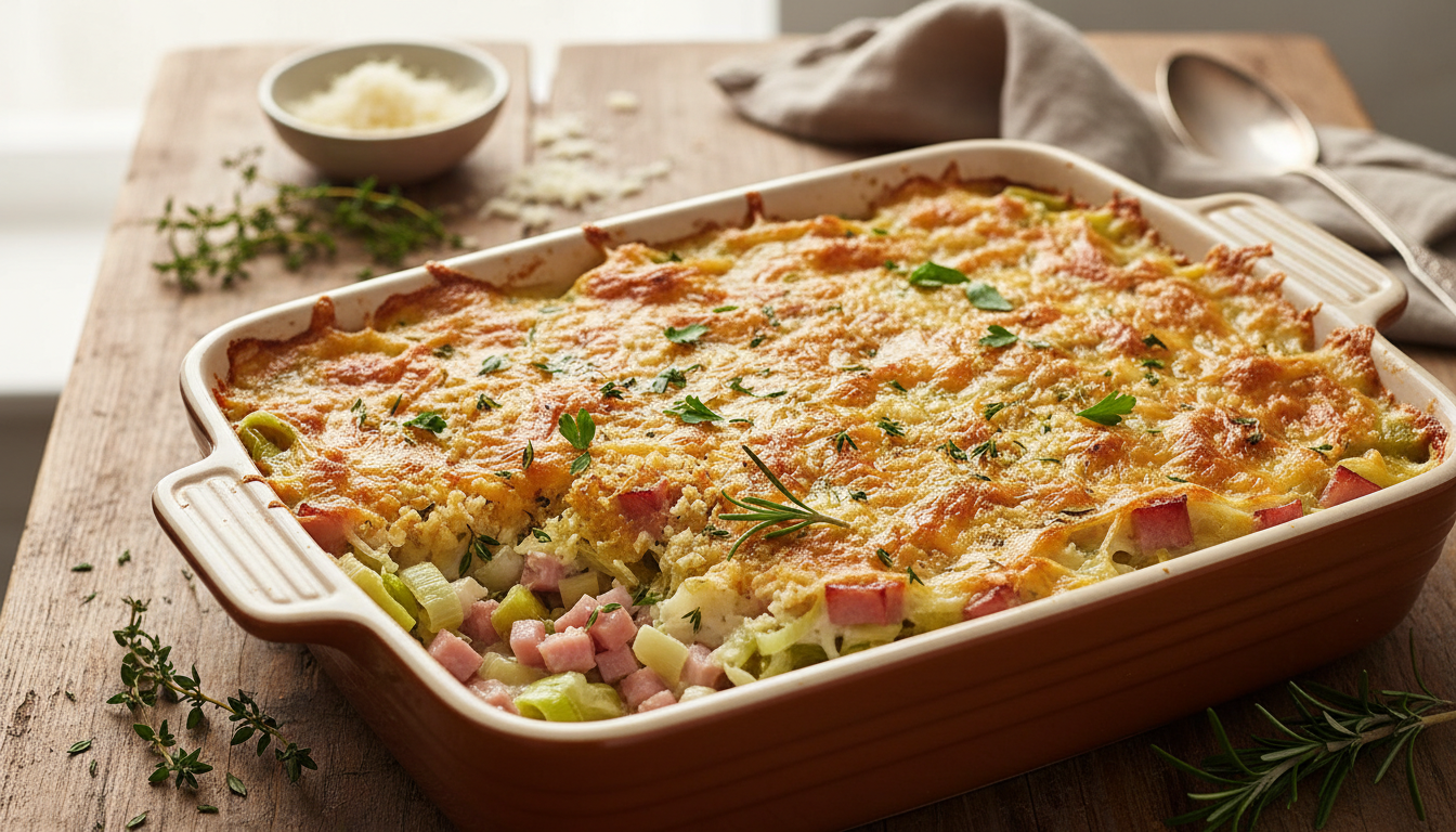 découvrez notre gratin de poireaux au jambon, un plat réconfortant parfait pour mars, que toute la famille apprécie dès la première bouchée.