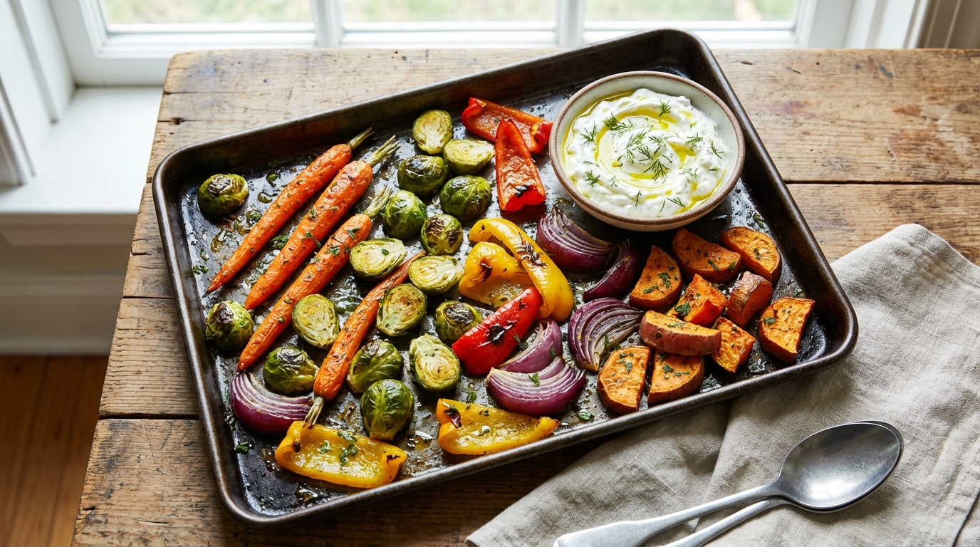 découvrez notre recette simple et savoureuse de légumes rôtis gourmands, accompagnés d'une sauce onctueuse au fromage frais, pour un plat équilibré et plein de saveurs.