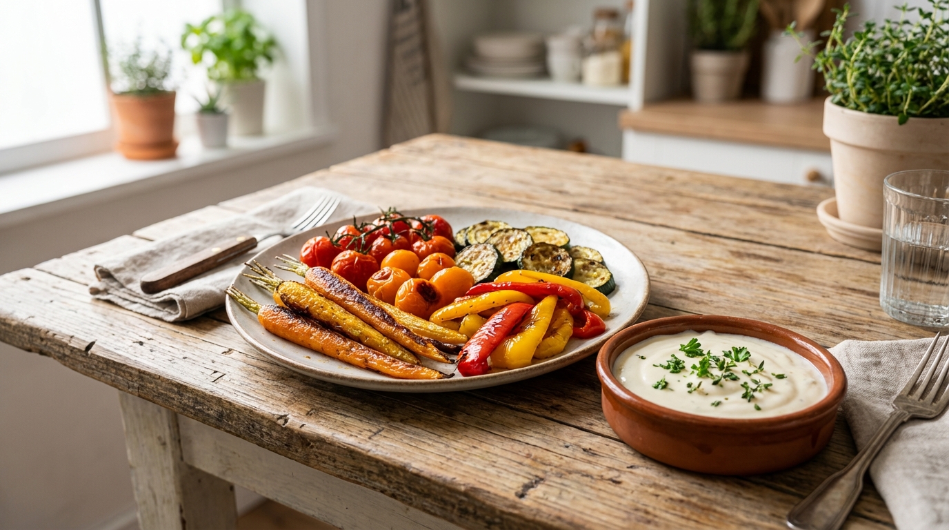 découvrez une recette simple et savoureuse de légumes rôtis gourmands, accompagnés d'une sauce onctueuse au fromage frais, idéale pour un repas sain et délicieux.