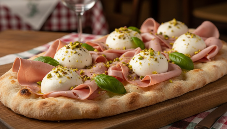 découvrez notre pinsa authentique à la mortadelle, burrata et pistaches, qui transforme votre four en une véritable trattoria italienne. une explosion de saveurs italiennes chez vous !