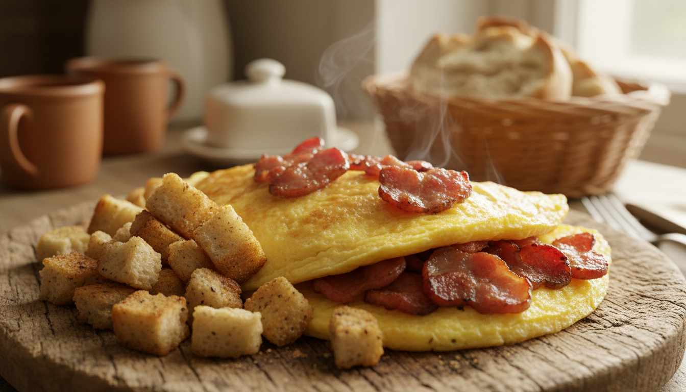 découvrez comment transformer facilement le pain rassis en une omelette aux lardons et croûtons moelleuse et savoureuse, idéale pour un repas gourmand et anti-gaspillage.