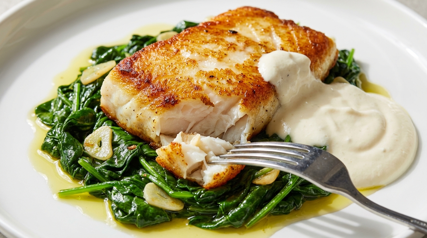 découvrez notre pavé de cabillaud doré à la perfection, accompagné d'épinards sautés à l'ail et d'une onctueuse crème de fromage frais, pour un plat savoureux et gourmand.