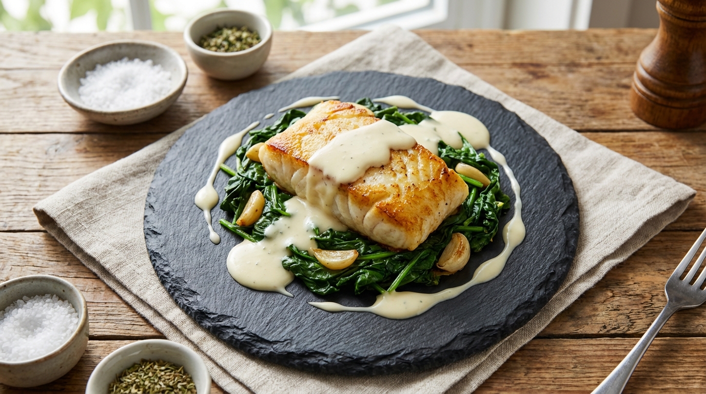 découvrez notre pavé de cabillaud doré accompagné d'épinards sautés à l'ail et d'une onctueuse crème de fromage frais, pour un repas savoureux et équilibré.