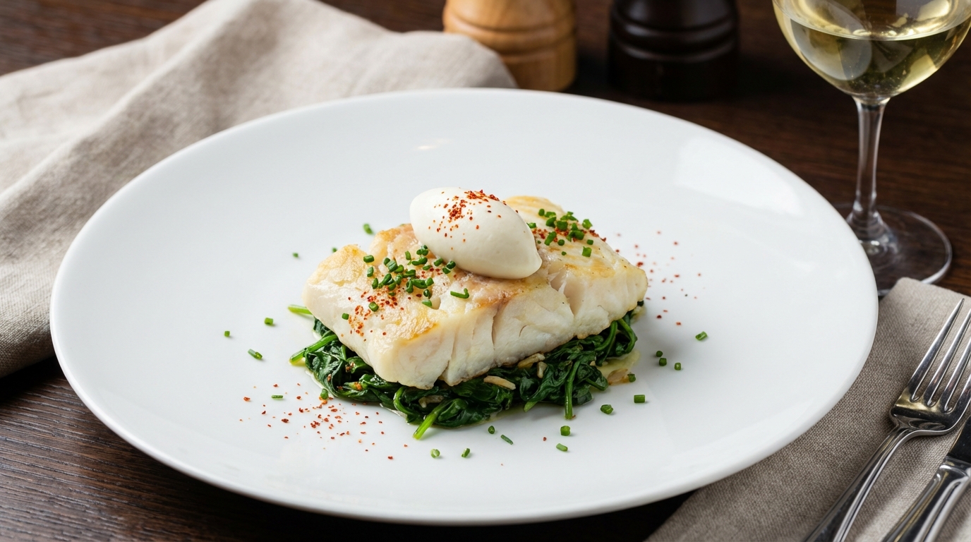 découvrez un pavé de cabillaud doré à la perfection, accompagné d'épinards sautés à l'ail et d'une onctueuse crème de fromage frais pour un plat savoureux et raffiné.