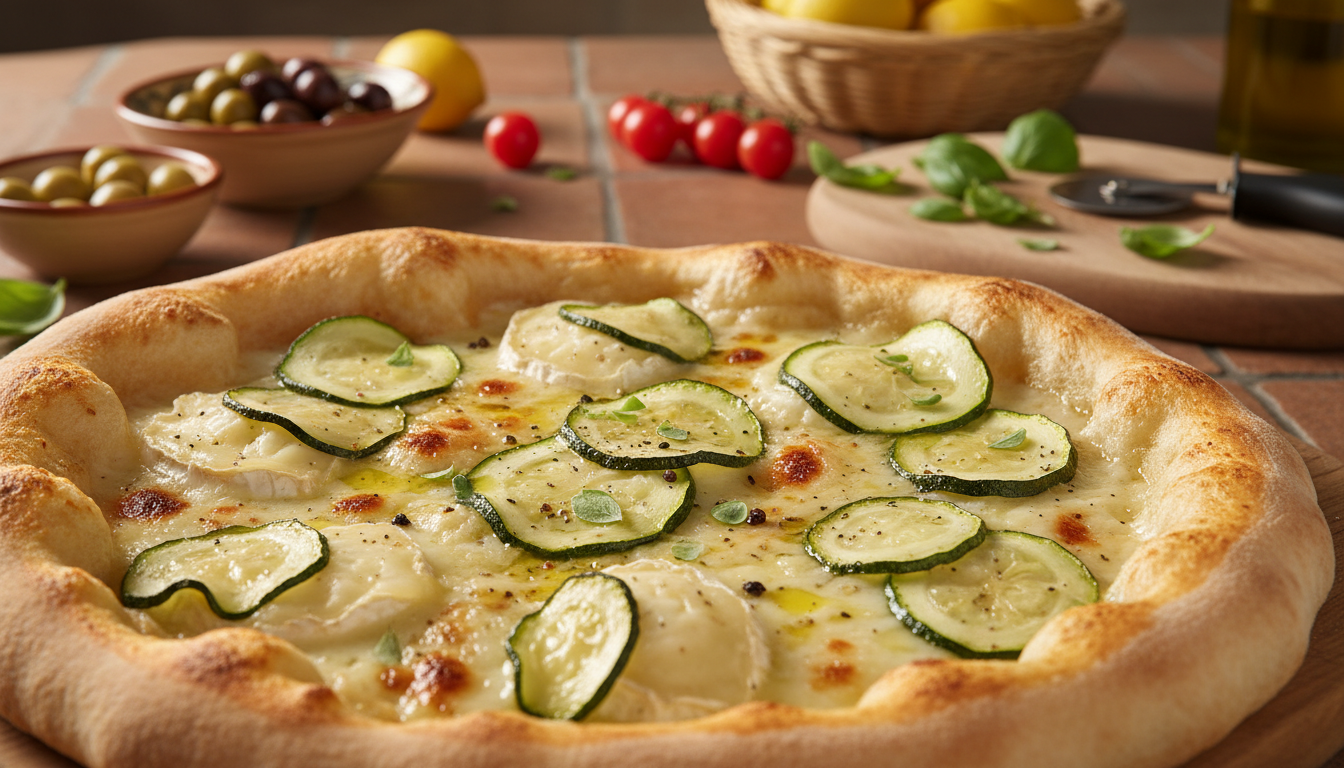 découvrez notre pizza gourmande aux courgettes fondantes et brie coulant, posée sur une pâte irrésistiblement croustillante, le remède idéal pour égayer vos dîners monotones.