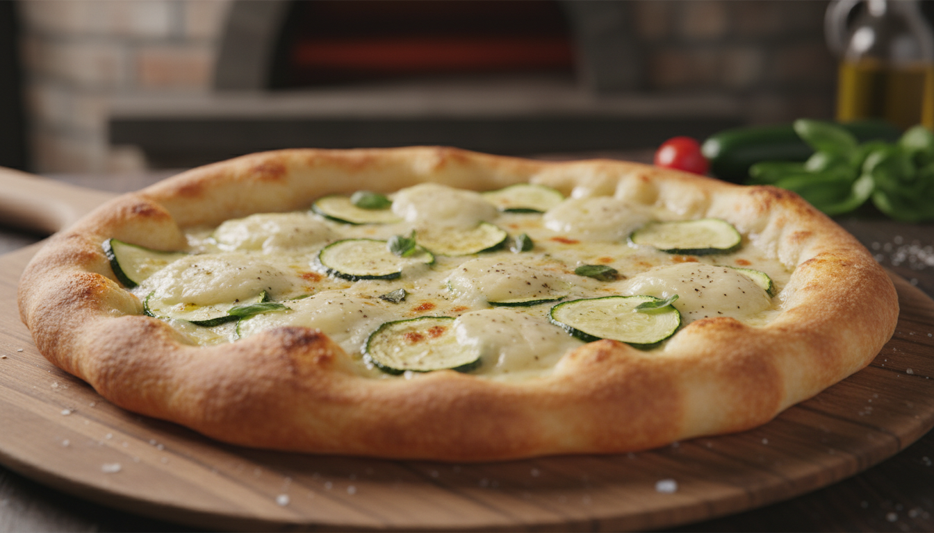 découvrez notre pizza gourmande aux courgettes fondantes et brie coulant, posée sur une pâte croustillante irrésistible. le remède idéal pour égayer vos dîners monotones avec une explosion de saveurs.