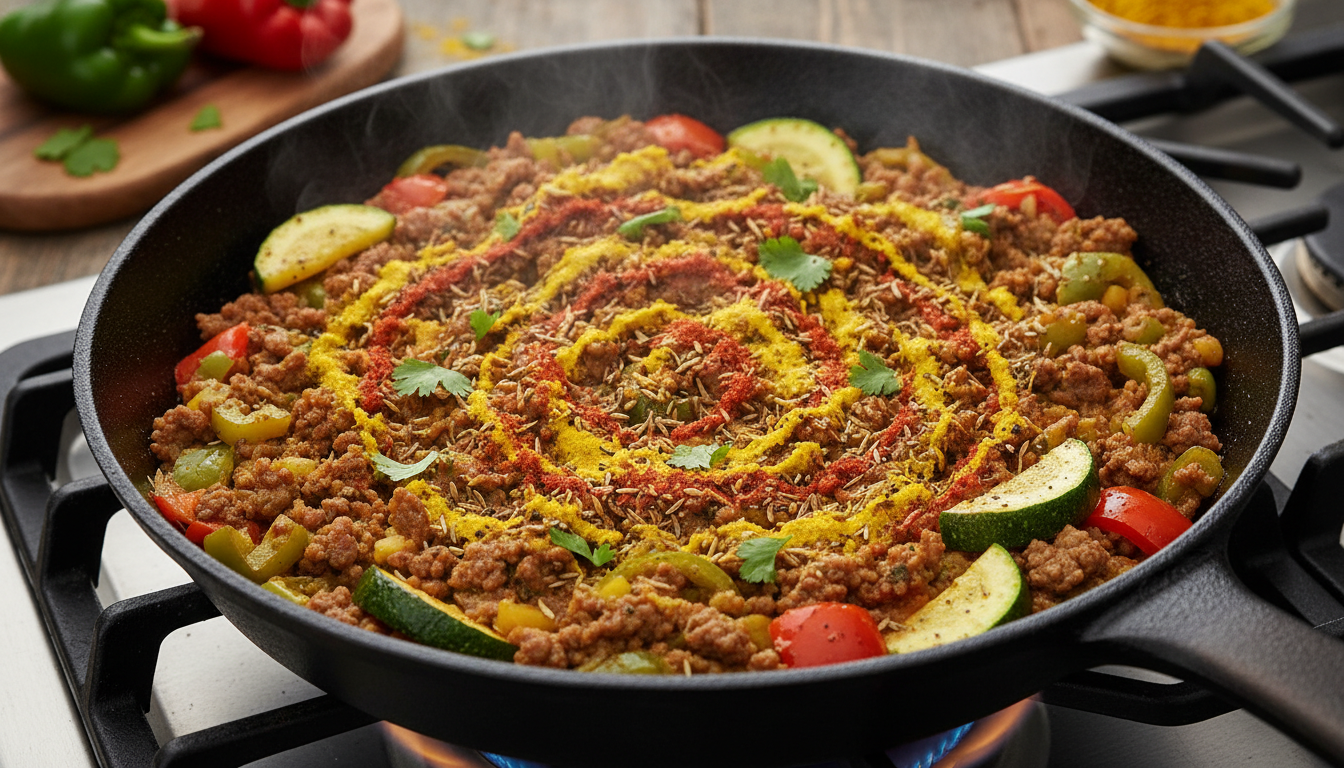 découvrez une poêlée savoureuse alliant steak haché, courgettes et poivrons au curry, pour une recette simple et pleine de saveurs qui éveillera vos papilles.