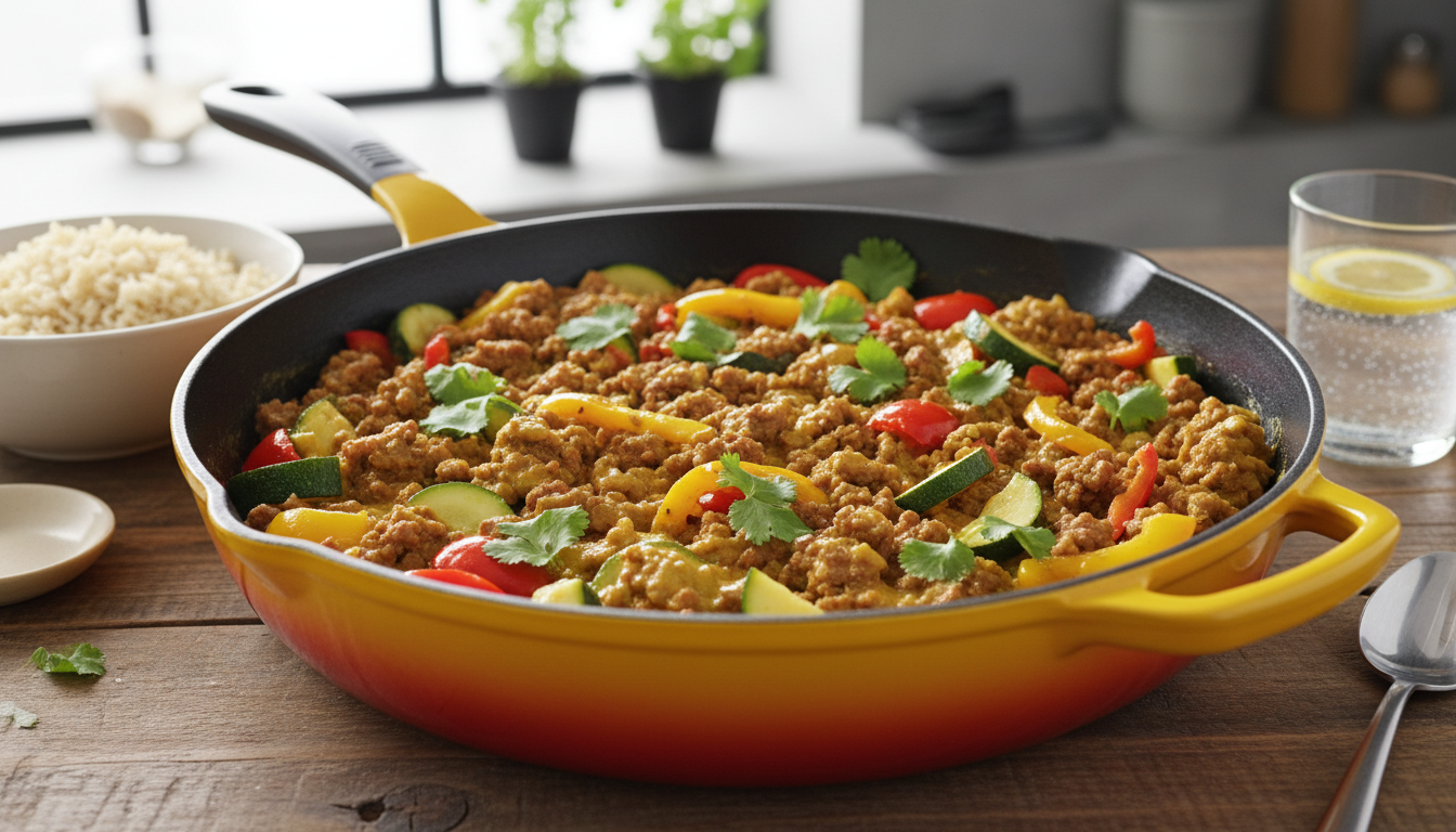 découvrez une poêlée savoureuse de steak haché, courgettes et poivrons au curry, alliant simplicité et explosion de saveurs pour un repas rapide et gourmand.