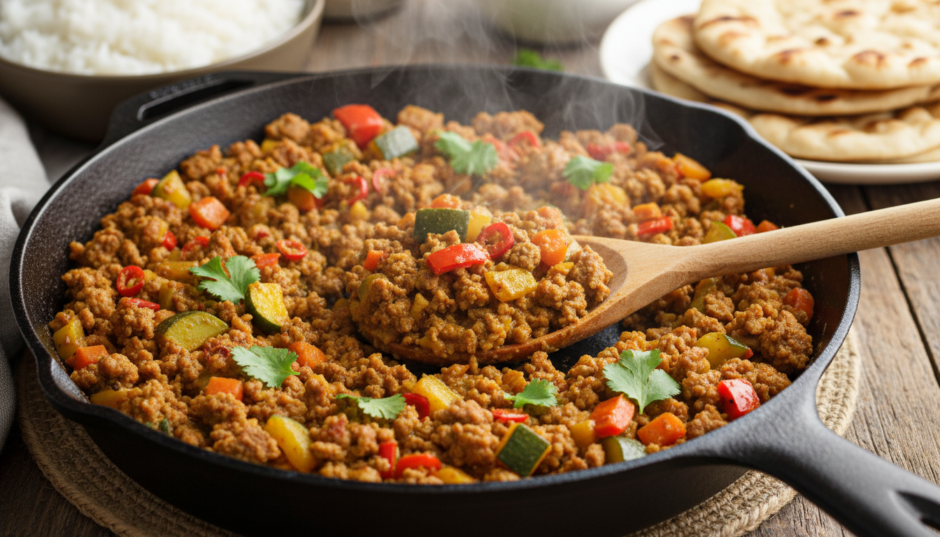 découvrez une poêlée savoureuse de steak haché, courgettes et poivrons au curry, un plat simple et rapide à préparer aux arômes délicieusement surprenants.